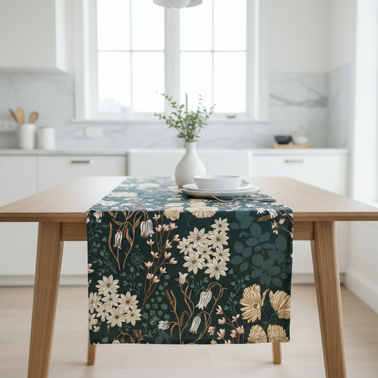 Wooden table with a floral tablecloth in a bright kitchen