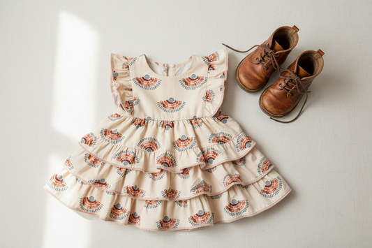 Children's dress with floral pattern and brown boots on a light background