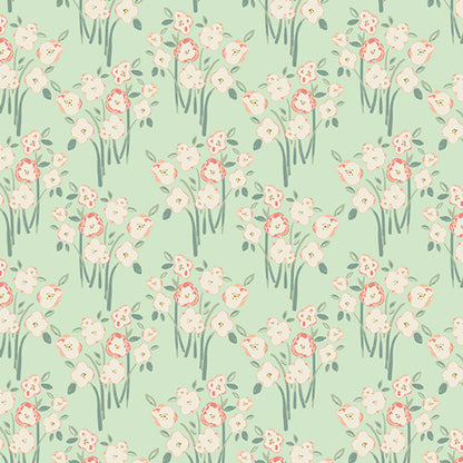 Floral pattern with pink and white flowers on a light green background