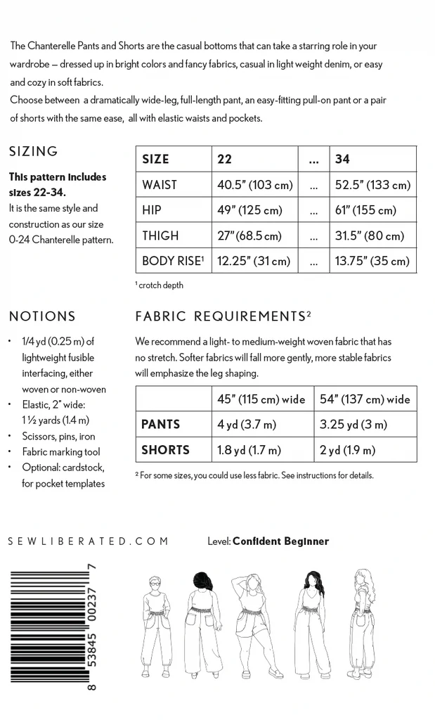Patrón de papel para pantalones y pantalones cortos Chanterelle, tallas 22-34 Patrón de costura 