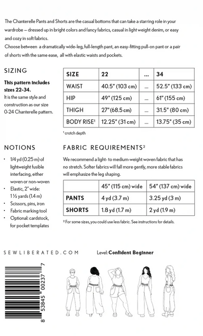 Patrón de papel para pantalones y pantalones cortos Chanterelle, tallas 22-34 Patrón de costura 