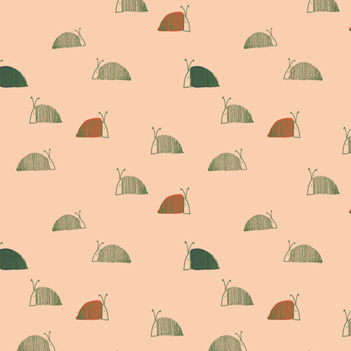 Pattern of green and brown ladybugs on a pink background