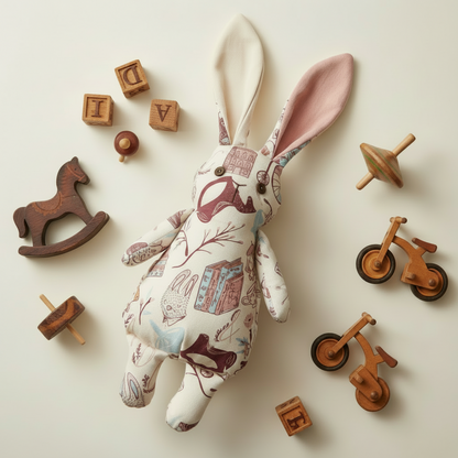 Patterned design with bicycles, houses, and other objects on a light background