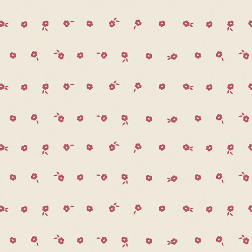 Pattern of small red flowers and green leaves on a beige background