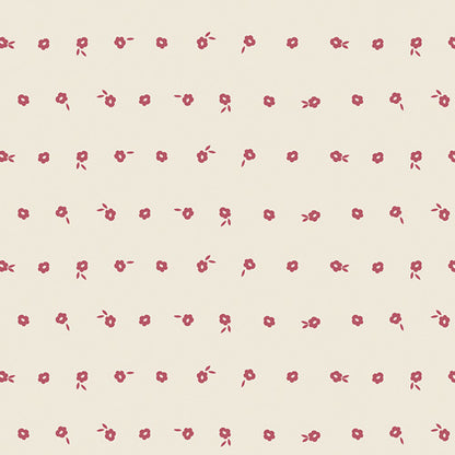 Pattern of small red flowers and green leaves on a beige background