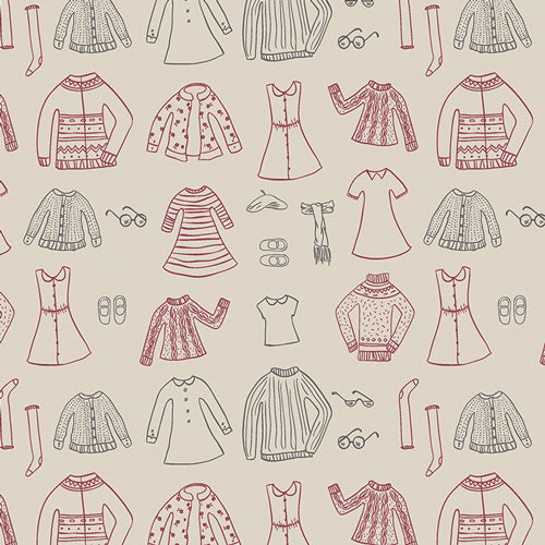 Pattern of hand-drawn clothing items on a beige background