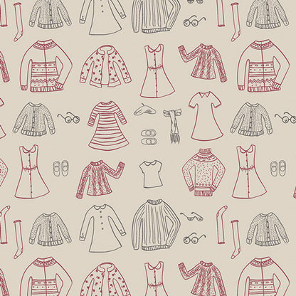 Pattern of hand-drawn clothing items on a beige background