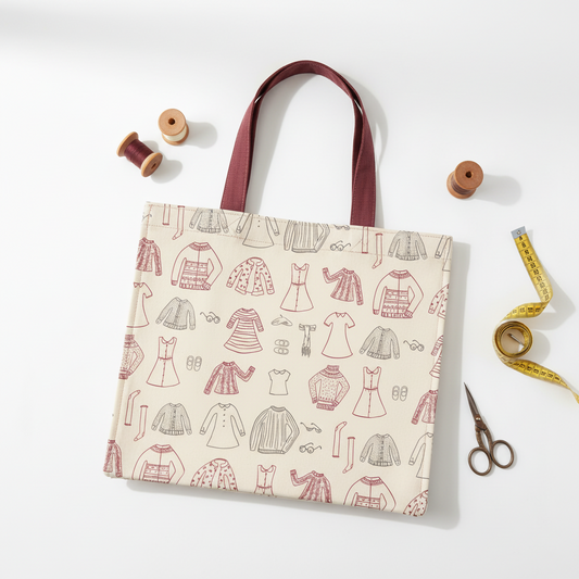 Pattern of hand-drawn clothing items on a beige background