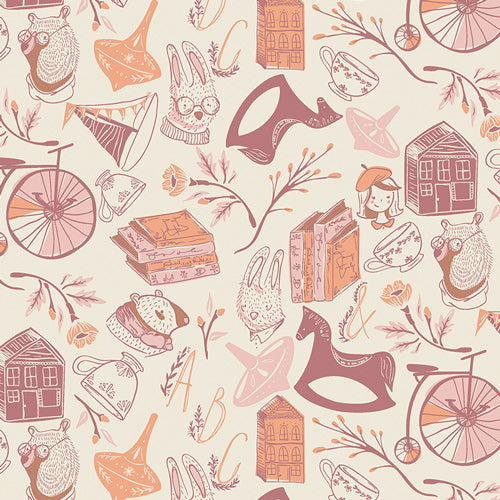 Patterned wallpaper with vintage-style illustrations on a light background