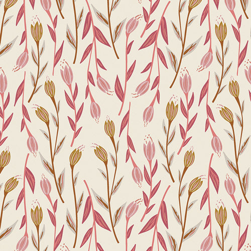 Pattern of pink and brown floral branches on a beige background