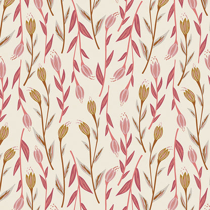 Pattern of pink and brown floral branches on a beige background