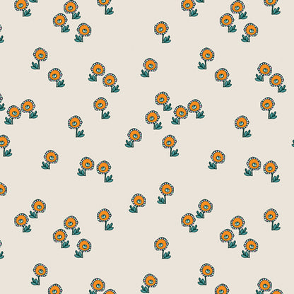 Pattern of small orange flowers with green stems on a beige background