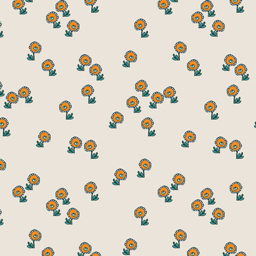 Pattern of small orange flowers with green stems on a beige background