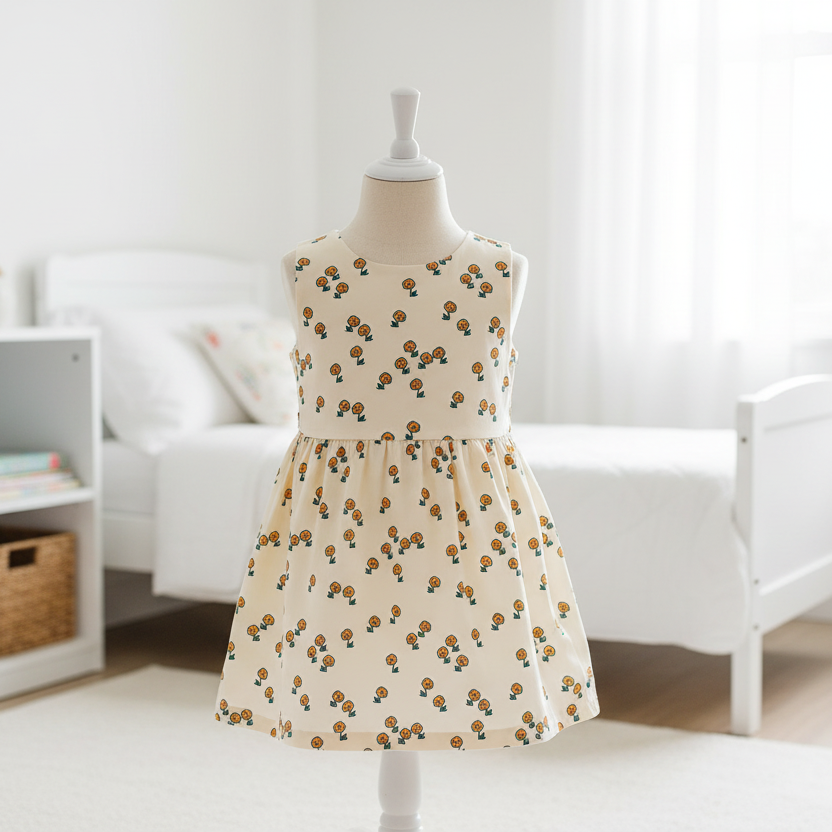 Beige dress with floral pattern on a mannequin against a white background