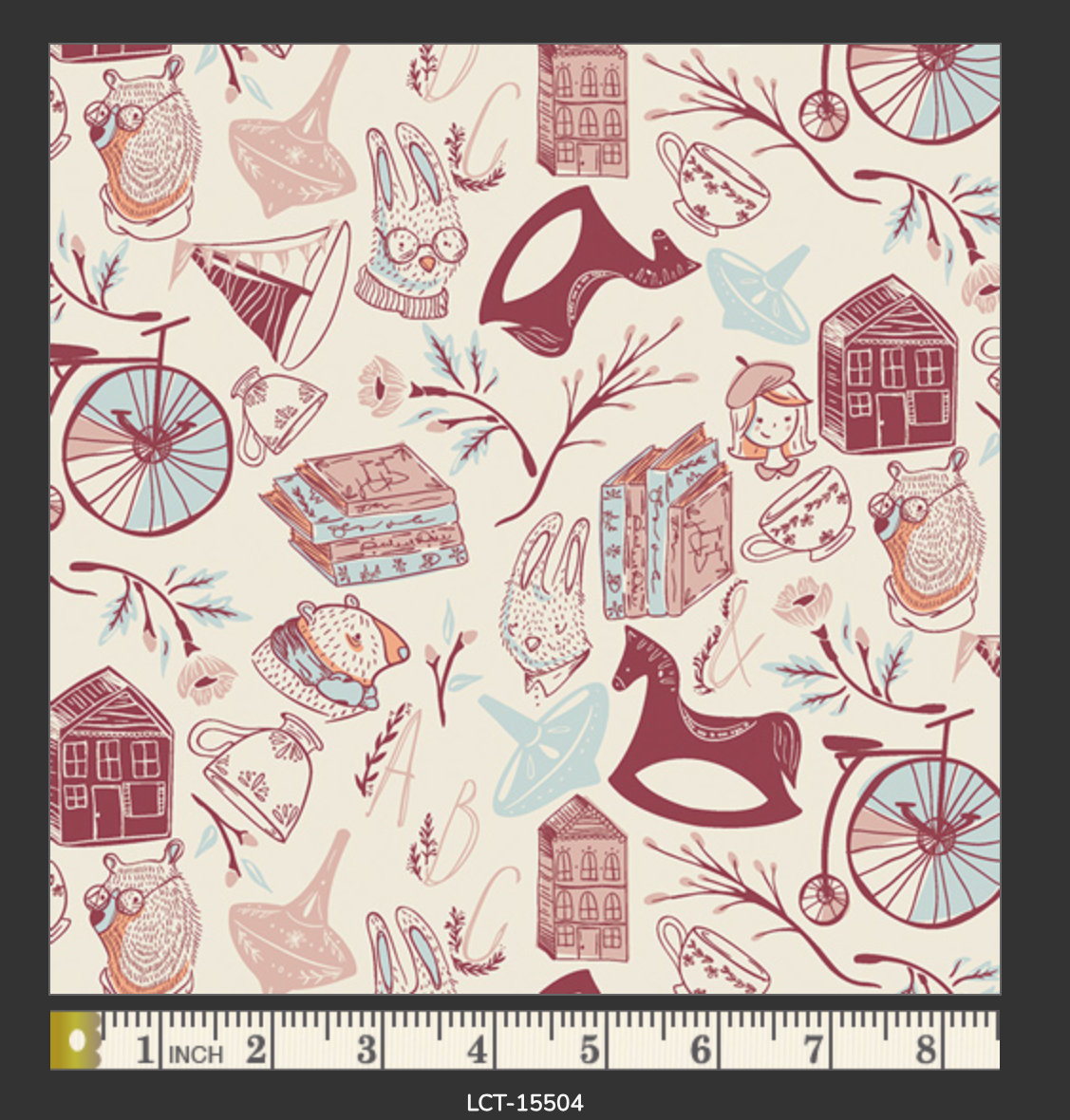 Patterned fabric with vintage-style illustrations and a ruler for scale.