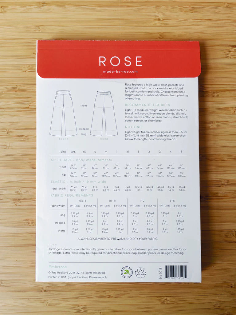 Rose Pants Paper Pattern  XXS, XS, S, M, L, XL & Plus Sizes 1-5