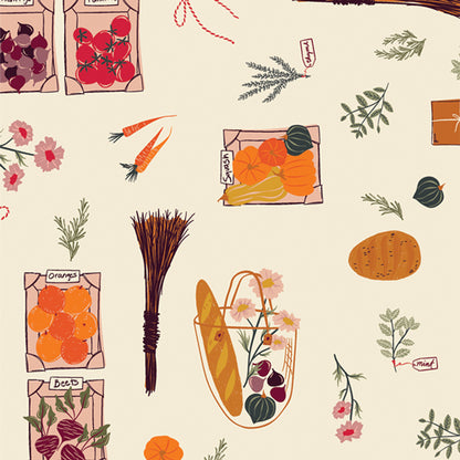 Illustrated pattern of fruits, vegetables, and a bag on a beige background