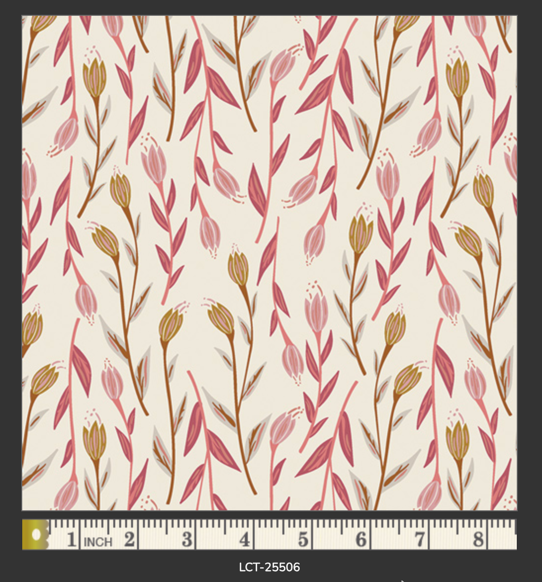 Floral patterned fabric with a ruler at the bottom for scale.
