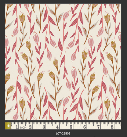 Floral patterned fabric with a ruler at the bottom for scale.