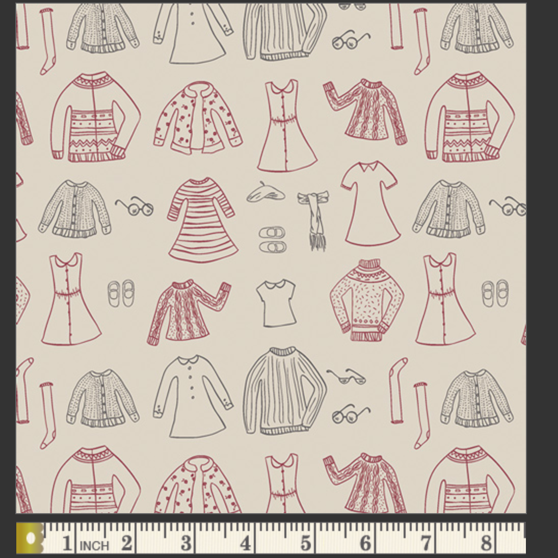 Pattern of hand-drawn clothing items on a beige background with a ruler at the bottom.