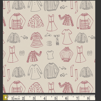 Pattern of hand-drawn clothing items on a beige background with a ruler at the bottom.