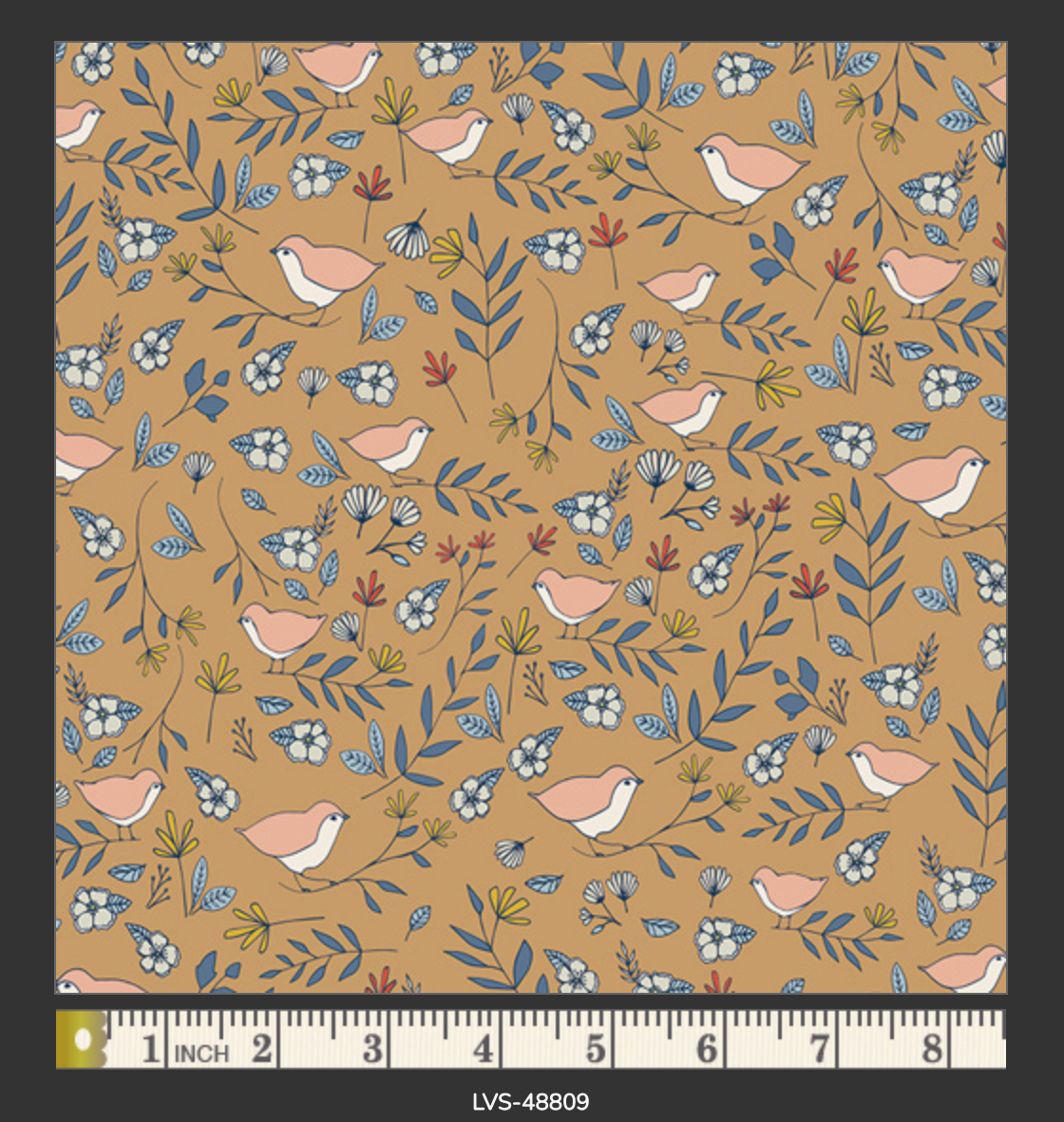 Patterned fabric with birds and flowers on a brown background, accompanied by a ruler for scale.