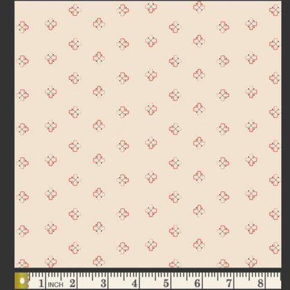 Patterned fabric swatch with a ruler at the bottom for scale, on a beige background.