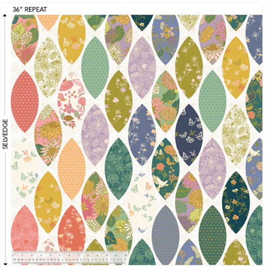 Patterned fabric with colorful leaf shapes on a white background