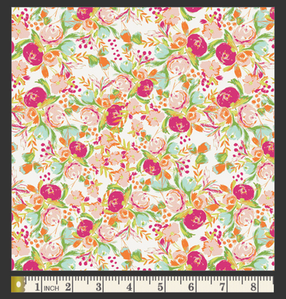 Floral patterned fabric with a ruler at the bottom for scale.