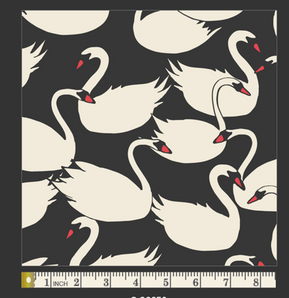 Pattern of white swans with red accents on a black background, with a ruler for scale at the bottom.