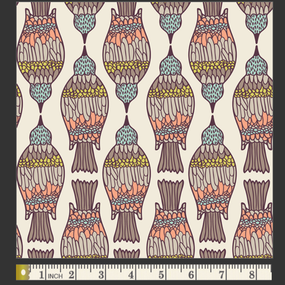 Patterned fabric swatch with birds and a ruler for scale, labeled WNG-2022.