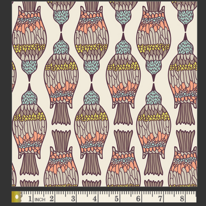 Patterned fabric swatch with birds and a ruler for scale, labeled WNG-2022.