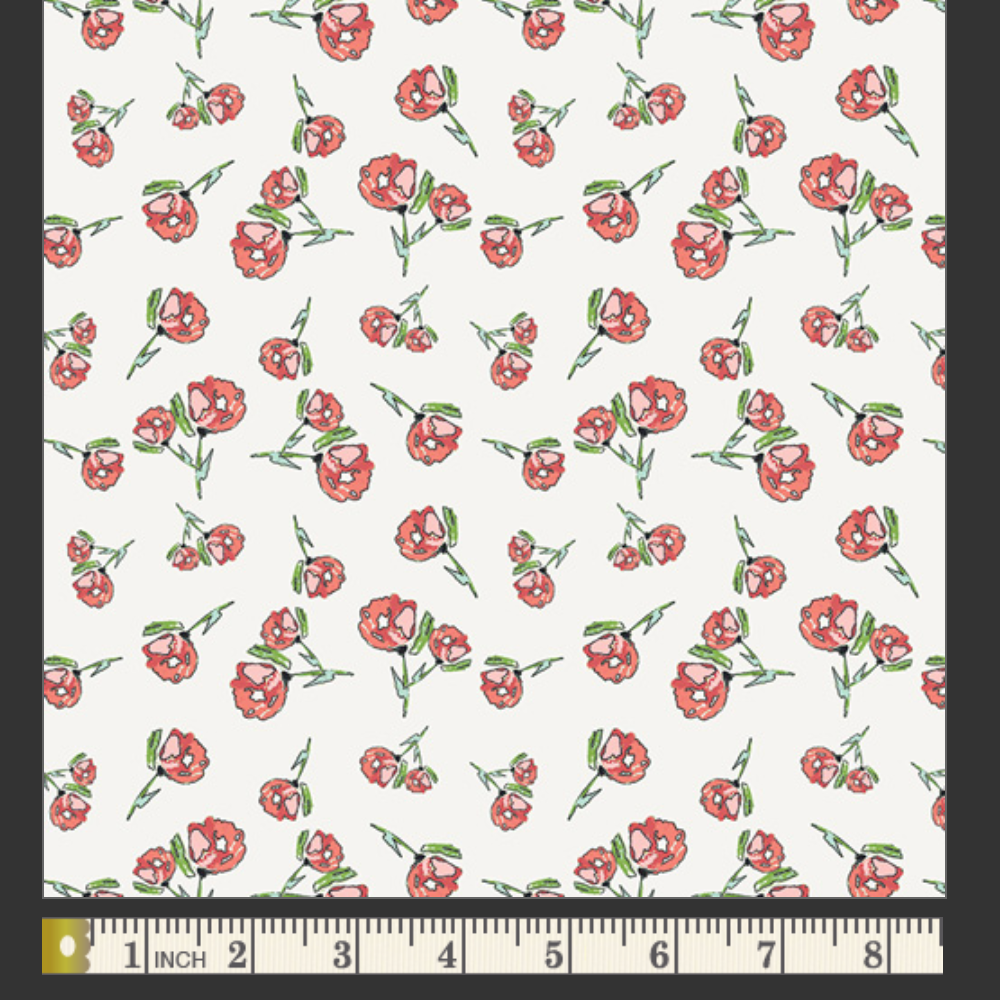 Pattern of red flowers with green stems on a white background, featuring a ruler at the bottom.