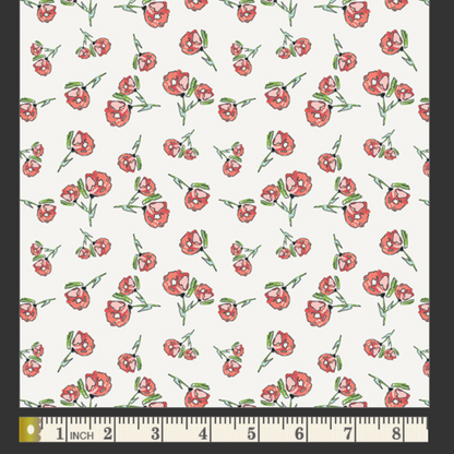 Pattern of red flowers with green stems on a white background, featuring a ruler at the bottom.
