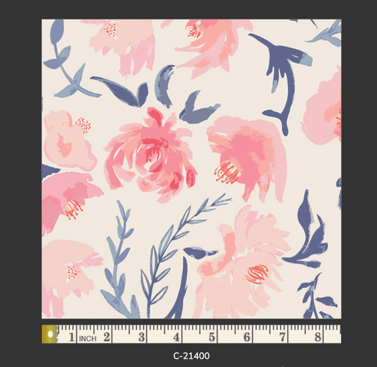 Floral pattern with pink and blue flowers on a white background, accompanied by a ruler for scale.