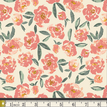 Floral pattern with pink flowers and green leaves on a beige background, ruler at the bottom for scale.