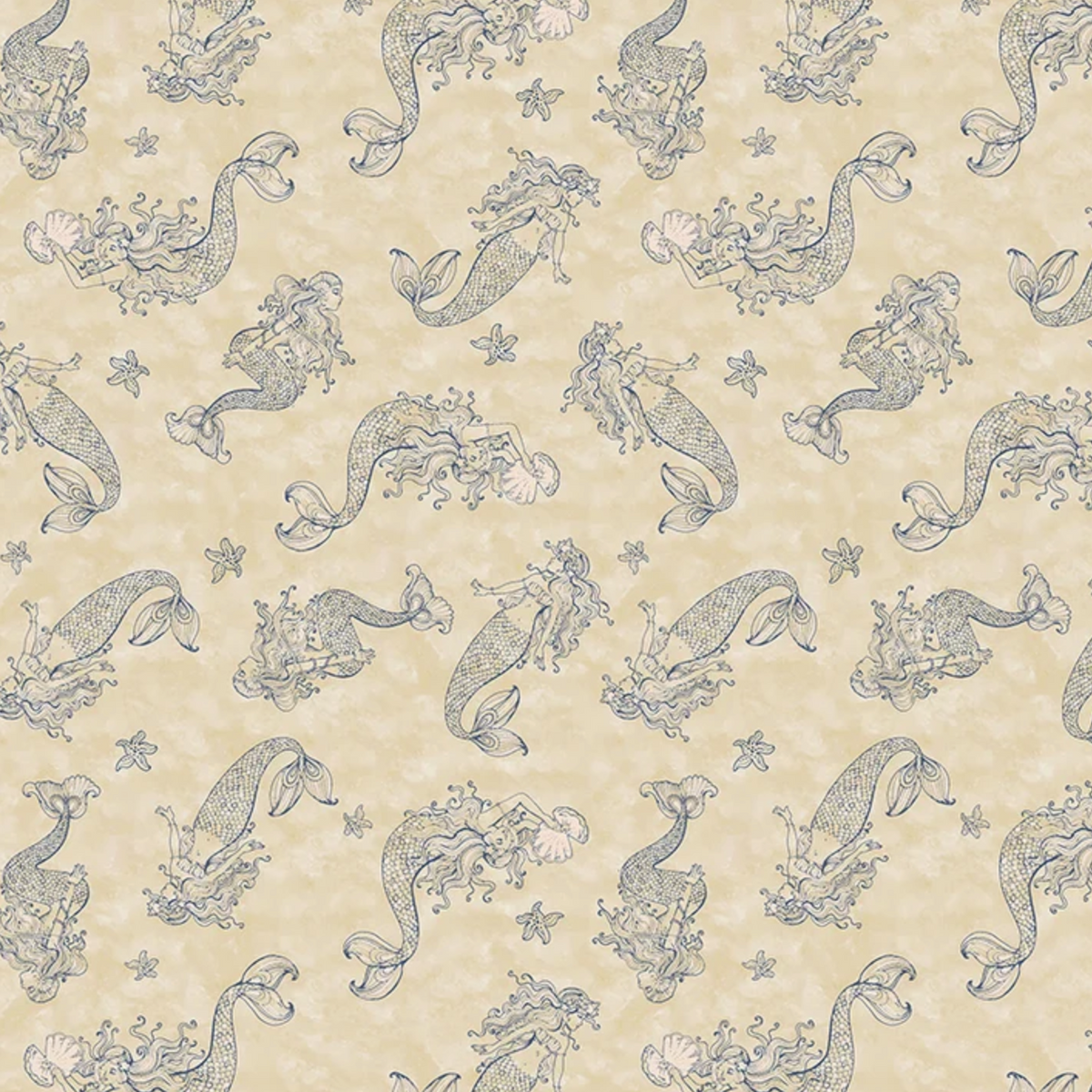 Beige fabric with a repeating pattern of mermaids, starfish, and seashells in muted blue-gray, with a ruler along the bottom edge showing measurements.