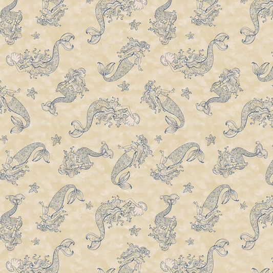 Beige fabric with a repeating pattern of mermaids, starfish, and seashells in muted blue-gray, with a ruler along the bottom edge showing measurements.