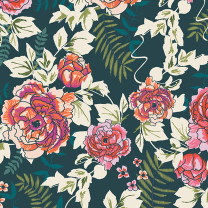 Floral pattern with colorful flowers and leaves on a dark blue background
