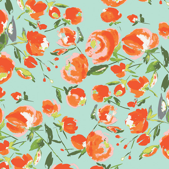 Pattern of red flowers on a light blue background