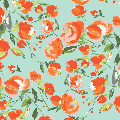 Pattern of red flowers on a light blue background