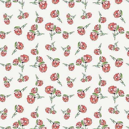 Pattern of red flowers with green stems on a white background