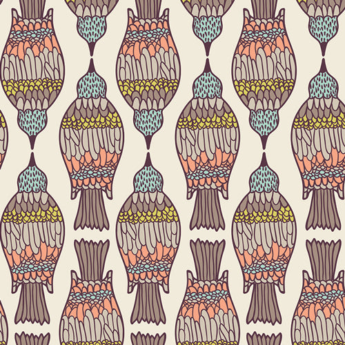 Pattern of stylized birds with colorful plumage on a beige background