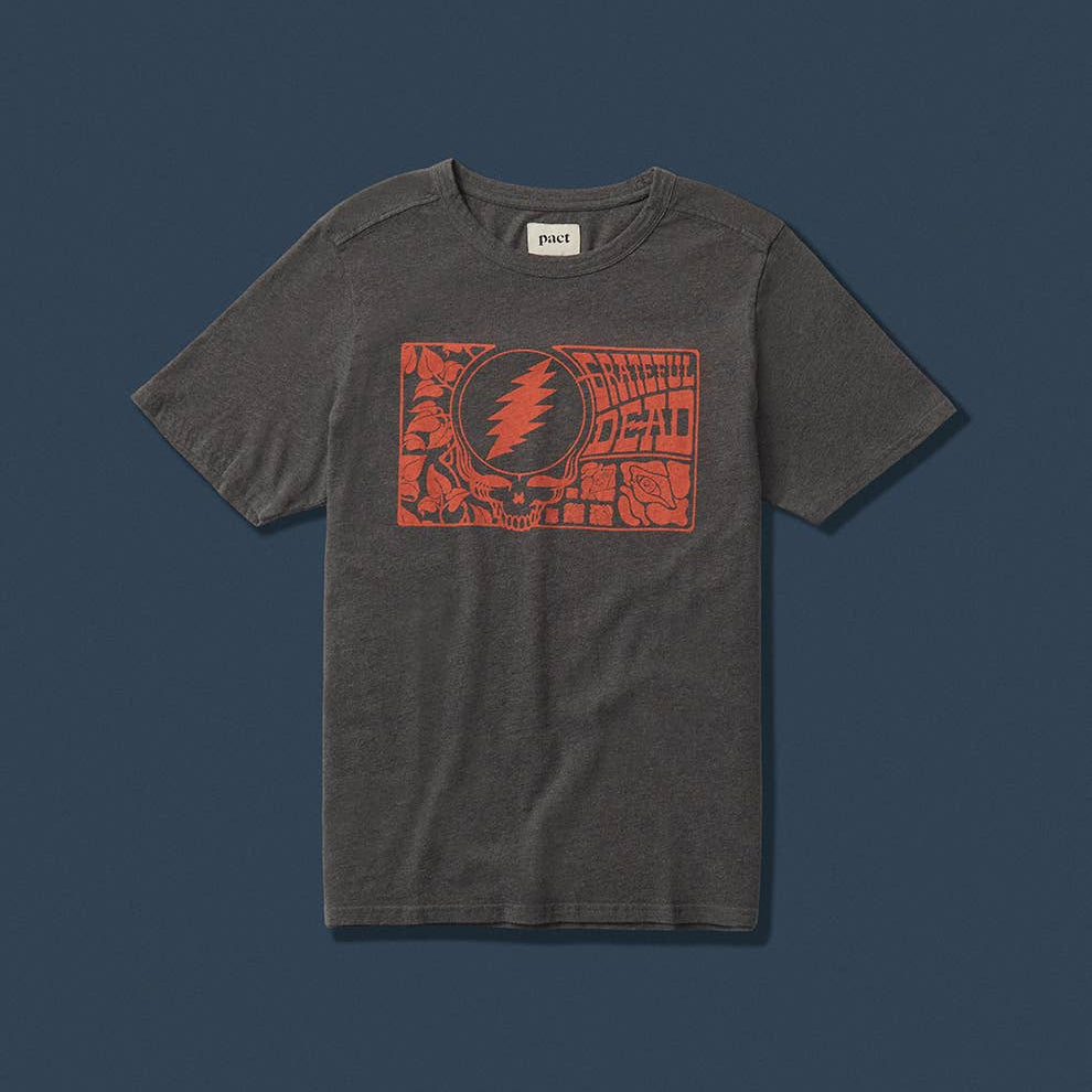 Grateful Dead Gray t-shirt with red graphic design on a dark blue background
