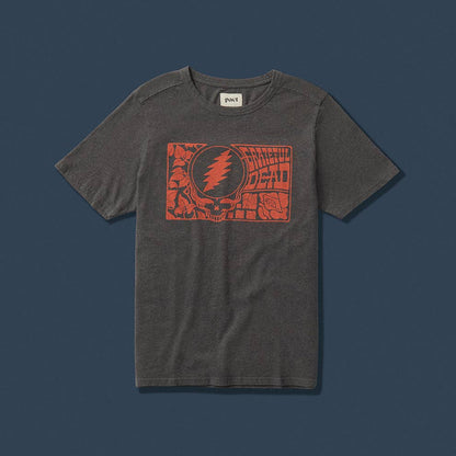 Grateful Dead Gray t-shirt with red graphic design on a dark blue background