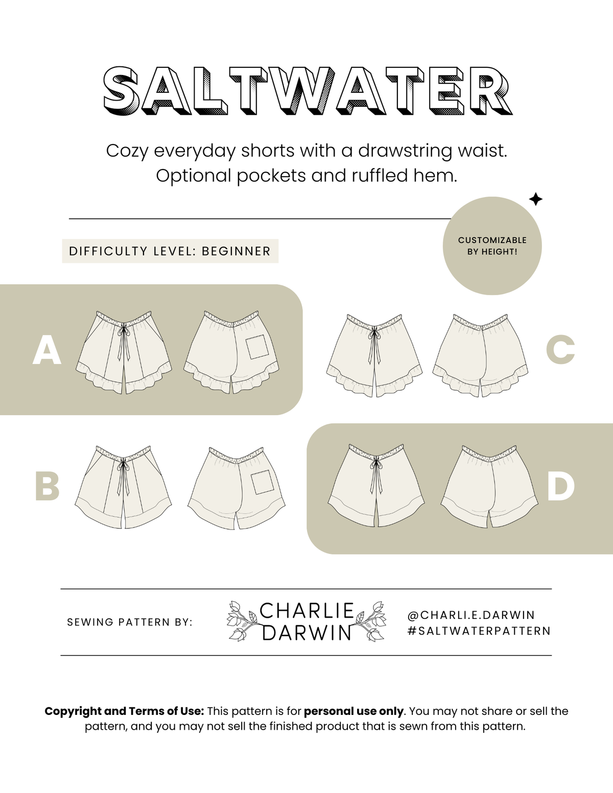 Saltwater Shorts Printed Sewing Pattern | Charlie Darwin Textiles