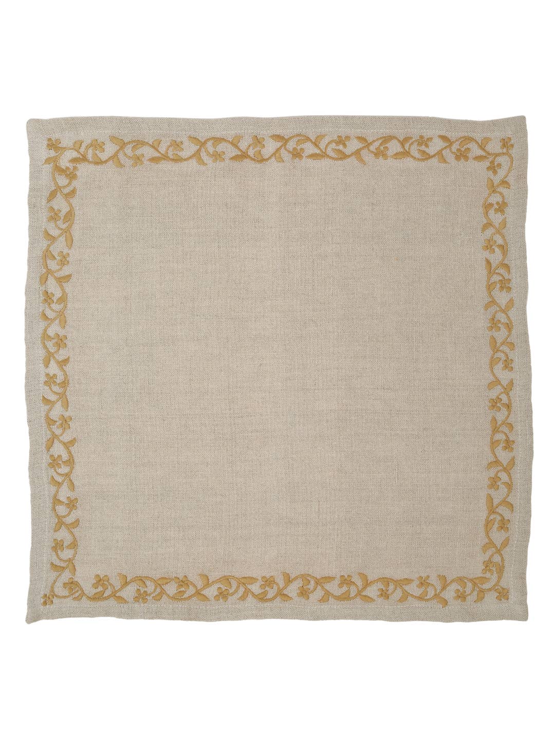 A square beige linen napkin featuring a decorative border of gold floral and vine patterns along all four edges, shown flat against a white background.