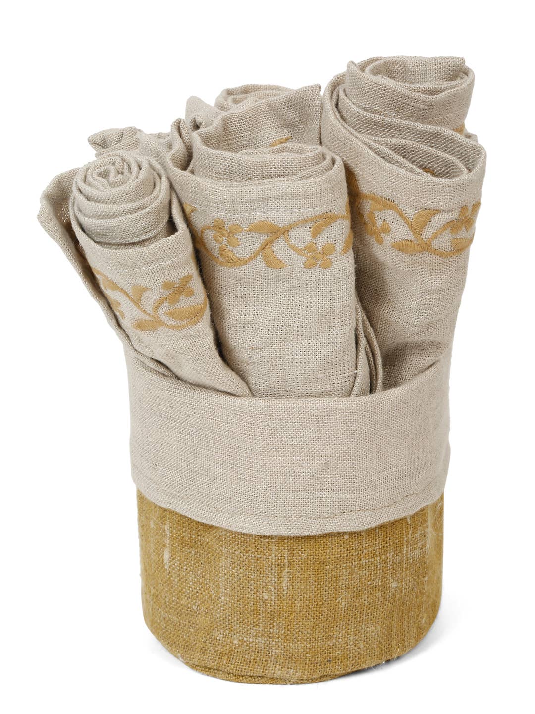 A set of rolled beige linen napkins with gold embroidered scrollwork, displayed inside a matching beige and gold fabric holder on a white background.