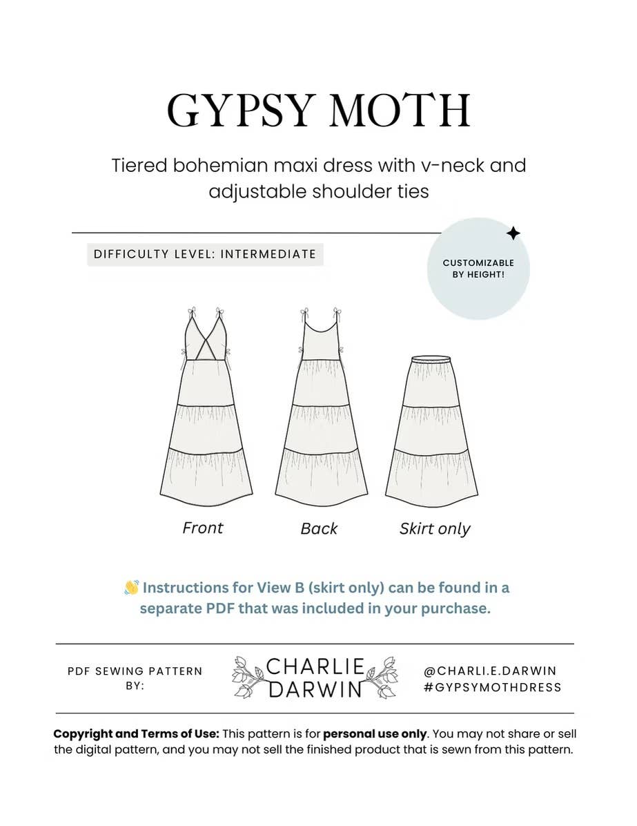 Gypsy Moth Tiered Maxi Dress Printed Sewing Pattern | Charlie Darwin Textiles