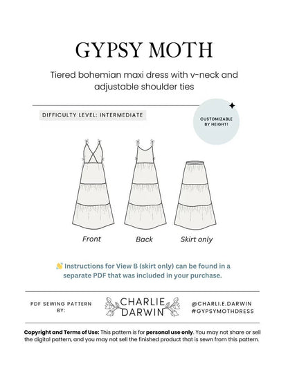 Gypsy Moth Tiered Maxi Dress Printed Sewing Pattern | Charlie Darwin Textiles